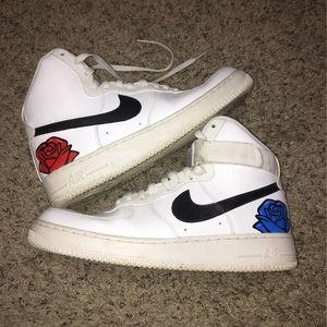 Custom Red n Blue Roses All White High Top Nike Air Force 1’s